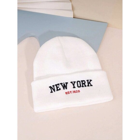 NEW SHEIN Solid White NEW YORK Beanie UNISEX Adult Size OS - Picture 1 of 6